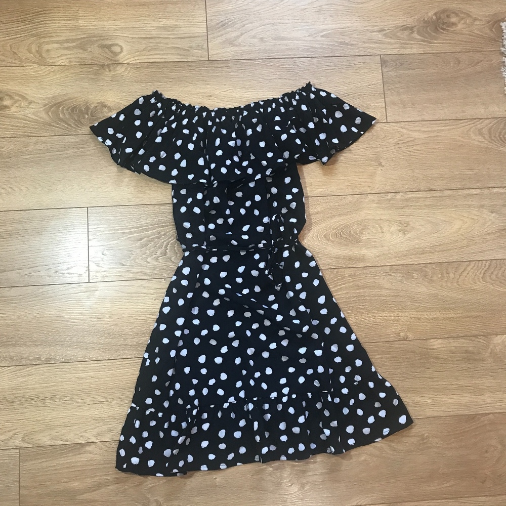 off the shoulder polka dot dress